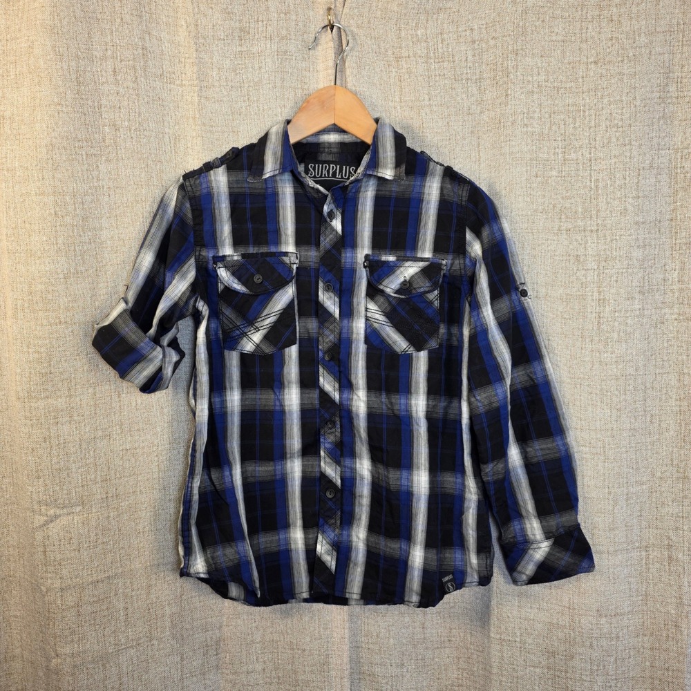 Lot 3 Plaid Button Down Shirts Boy L Surplus Urban Pipeline Roll Tab Sleeve Blue